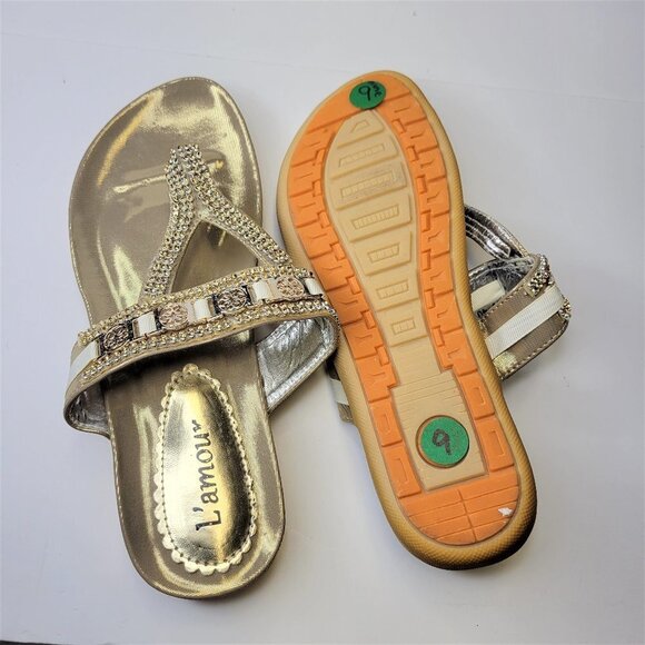 GOLD Sandals Size 9 Slip In Fancy Flats Slippers Comfy Insole Toe Post Sandals - Picture 1 of 9